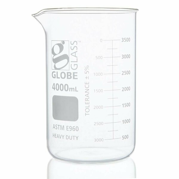 Globe Scientific Beaker, Globe Glass, 4000mL, Low Form Griffin Style, Heavy Duty, Dual Graduations, ASTM E960 8024000